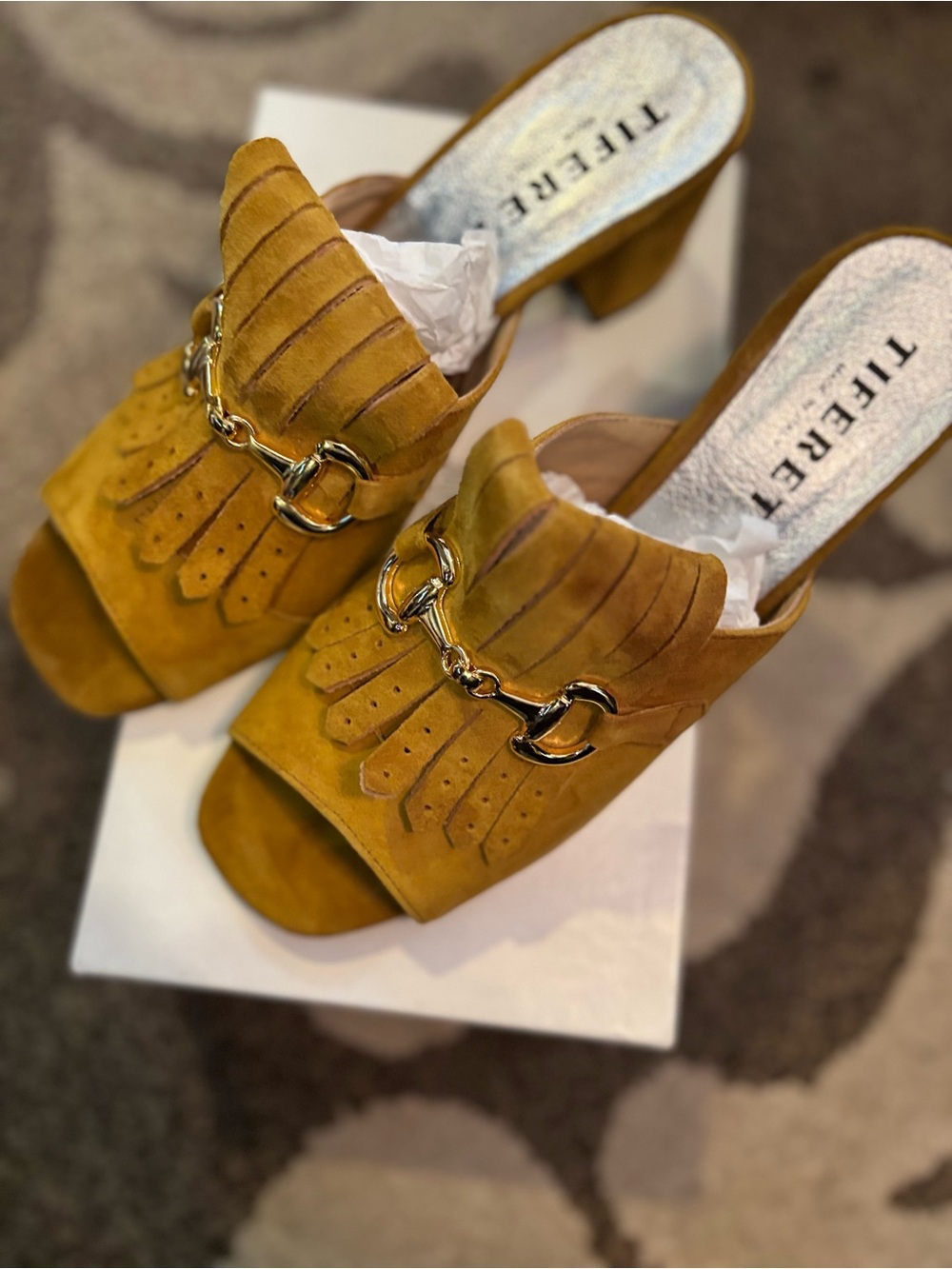 Made In Italy Tiefere Mustard Suede Kiltie Mule with Gold Bit